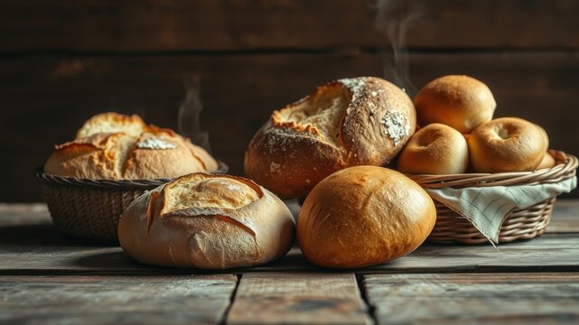 Warm, freshly baked artisan bread and rolls in rustic baskets on wooden surface