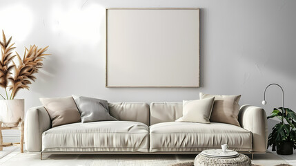 Minimalist Living Room Mockup: A cozy and inviting living room with a large empty canvas, perfect for showcasing your artwork, designs, or photography.