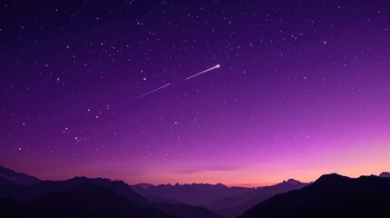 Stunning Purple Night Sky with Stars, Mountain Silhouette, Orange Sunset Glow, Shooting Star Trails, High-Resolution, Insanely Detailed, Professional Color Grading, Soft Shadows, Low Contrast, Sharp F