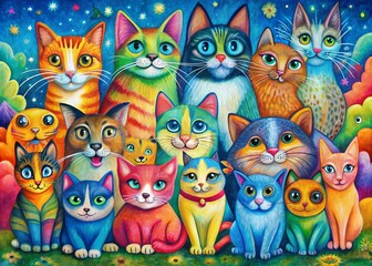Fototapeta premium Funny Cats Dog Child Gouache Painting Long Exposure Cute Pets Animals Illustration