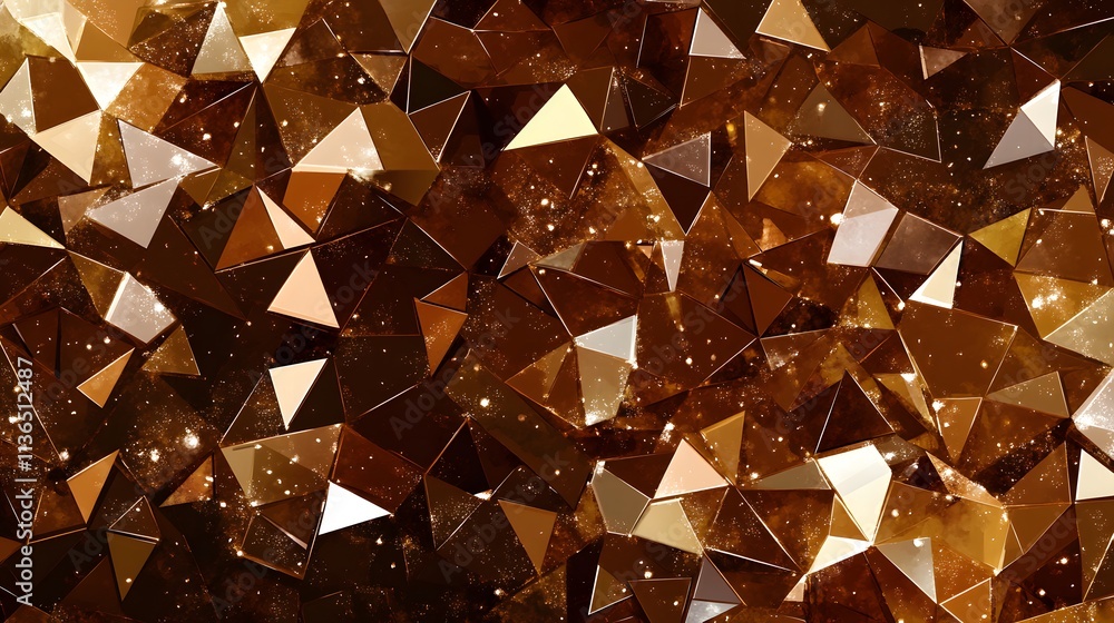 Poster abstract geometric background with shiny gold and brown triangles reflecting light in a modern artis
