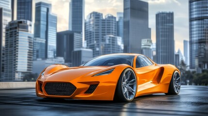 Obraz premium Sleek, Innovative Orange Sports Car Against a Stunning Urban Skyline at Dusk