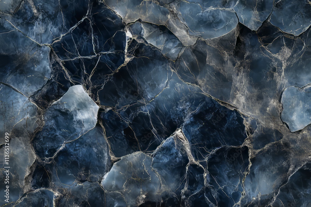 Poster textured surface of cracked ice with sharp edges revealing a deep, dark color palette