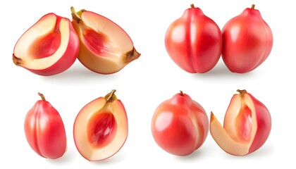 A set of Ackee isolated on a white background. It includes whole,halved and slice, all with full depth of field. --ar 7:4