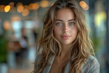 Obraz premium A portrait of a young woman with flowing long hair in a serene expression inside a softly lit room, reflecting beauty, peace, and introspection in modern life.