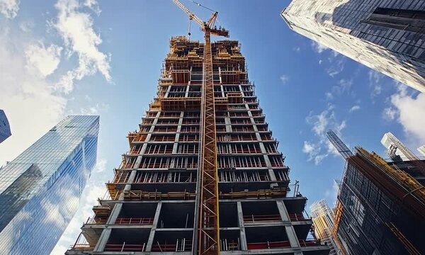 A construction site showcasing a tall building under development with a crane and scaffolding.