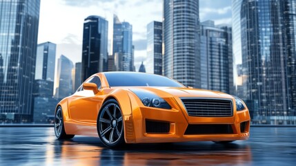 Stunning Orange Sports Car Parked in a Modern Urban Landscape Surrounded by Skyscrapers
