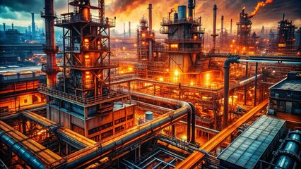 Futuristic Cityscape: Aerial Double Exposure - Orange Industrial Complex Sci-Fi Urban Landscape