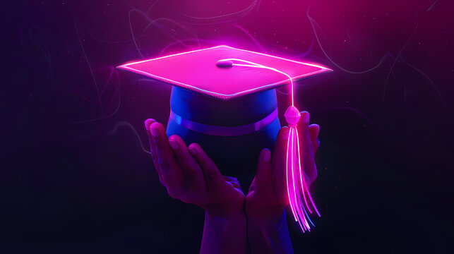 Neon Graduation: A captivating image of a graduation cap, illuminated in vibrant neon pink against a dark, ethereal backdrop.