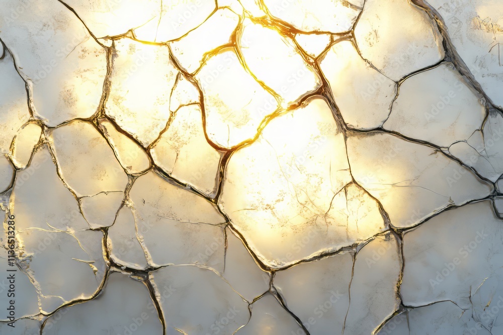 Poster Cracked ice texture with sunlight reflecting through fissures creating a mesmerizing pattern