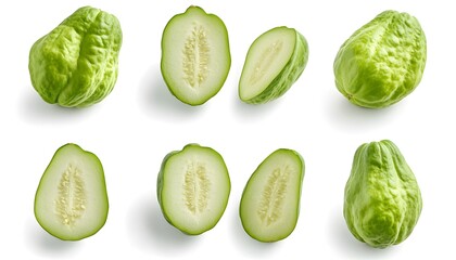 A set of Chayote isolated on a white background. It includes whole,halved and slice, all with full depth of field. --ar 7:4