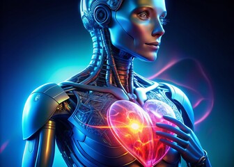 Futuristic Cyborg AI Heart, Glowing Humanoid Robot, Sci-Fi Cyberpunk, Digital Art, Artificial Intelligence
