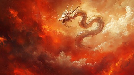 Majestic Golden Dragon Flying Through Fiery Sky with Clouds