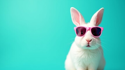 Cute rabbit wearing stylish pink sunglasses 