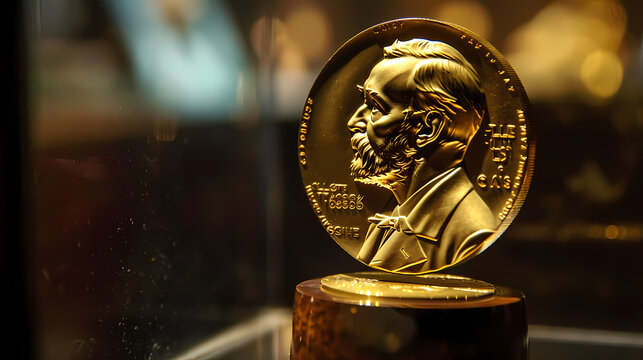Nobel Peace Prize Medal: Close-up of the Nobel Peace Prize medal, a symbol of global peace and human rights.