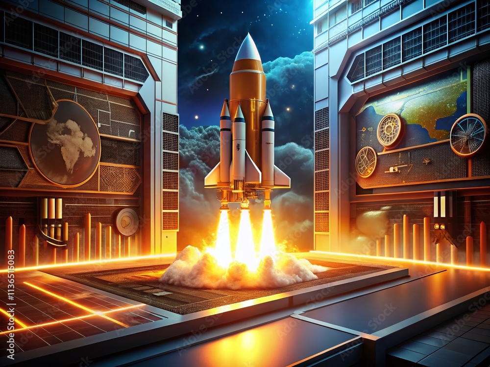 Poster futuristic rocket launch from control panel with glowing orange data charts and high-tech displays f