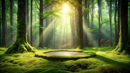 Serene Forest Glade with Sunbeams Illuminating a Mossy Circular Platform