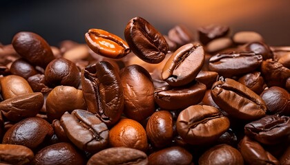 Close-up of coffee beans floating with reflection, hyper-realistic detail, and sharp focus.