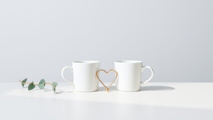 Obraz premium Two White Mugs with a Golden Heart Shape Between Them on a White Surface with Greenery