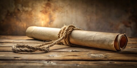 An ancient scroll tied with thick rope rests on a rustic wooden surface