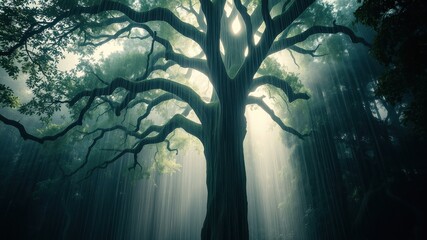 Ancient Tree in a Rain-Soaked Forest, Sunlight Filtering Through Branches