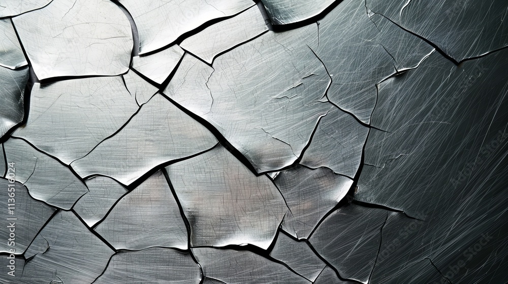 Poster close-up of cracked metallic surface showcasing intricate patterns and textures, reflecting light an
