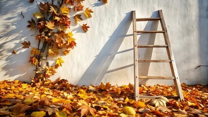 Obraz premium Autumnal Scene Wooden Ladder Leaning Against a Wall Adorned with Fallen Leaves and a Vine