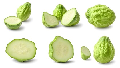 Fototapeta premium A set of Chayote isolated on a white background. It includes whole,halved and slice, all with full depth of field. --ar 7:4