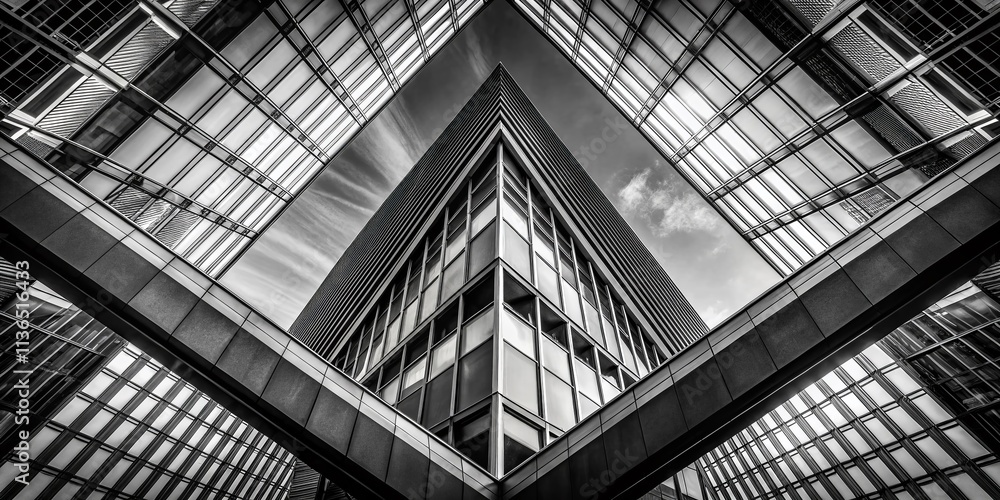 Poster geometric abstract composition in black and white tones featuring layered triangular shapes amidst u