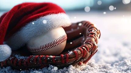 A baseball nestled in a glove, adorned with a festive Santa hat, resting on a blanket of snow, encapsulating a unique blend of winter and sporting spirit.