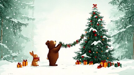A bear and a rabbit decorating a Christmas tree in a snowy forest, surrounded by presents. A festive and cheerful holiday scene capturing the spirit of celebration.