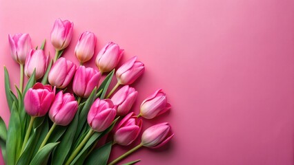 Fototapeta premium A vibrant bouquet of pink tulips arranged on a pink background, offering a cheerful and celebratory springtime scene.