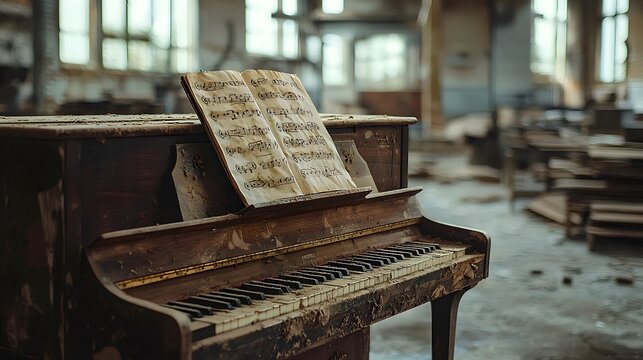 A piano in an empty room, covered in dust, a single sheet of music lying open