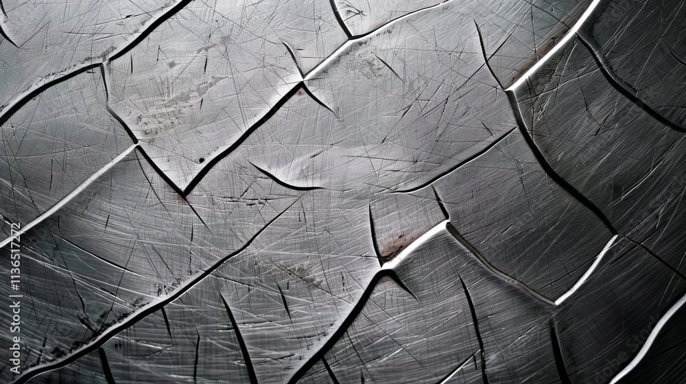 Poster detailed close-up of a textured metallic surface showcasing intricate cracks and lines. the image ca