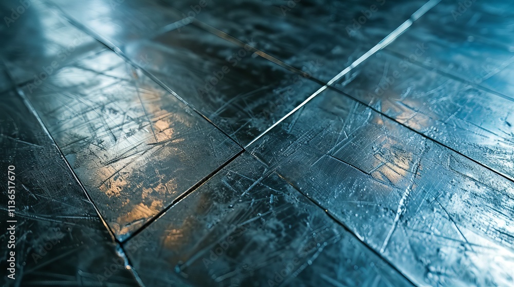 Poster a close-up view of a textured metal surface with intricate scratches and reflections creating a dram