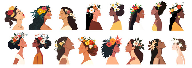 Illustrator set of womens with flowers on hair isoloated on white. Happy Women day design