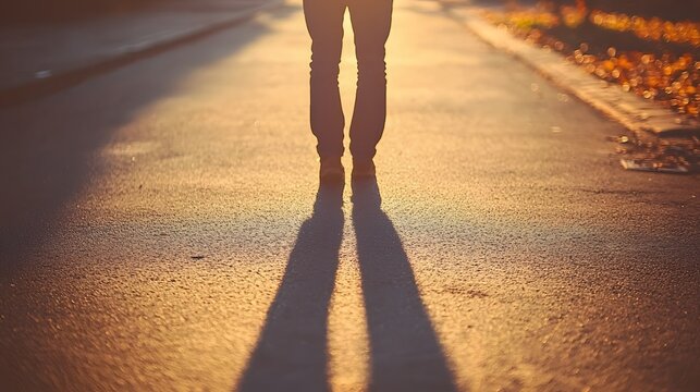 A person walking down an empty street, their shadow stretching behind them