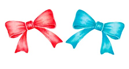 Fototapeta premium Set isolated hand drawn watercolor bows red, blue. Stylish decorative element, prints on a white background