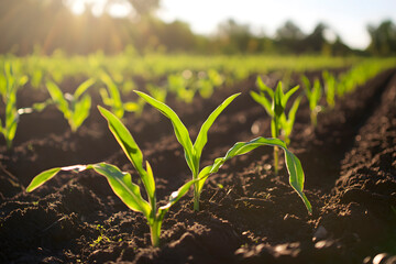 Corn seedlings thrive in dark soil with sunlight shining down, showcasing growth and vitality in a vibrant rural landscape. Generative AI