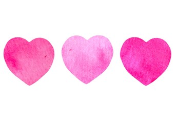 Set of hand drawn watercolor illustration pink hearts in different shades. Suitable for cards, Valentine's Day designs, weddings and romantic projects.