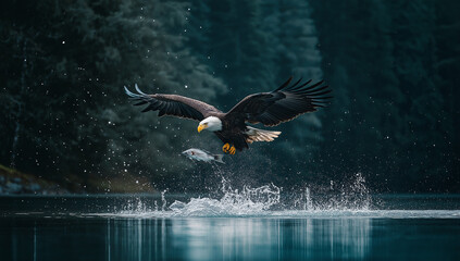 Bald eagle catching a fish from a lake, water splashing as its talons grip the prey, showing its skill and survival instincts