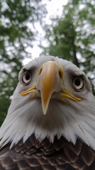 Intense close-up of a bald eagle’s eye, reflecting the surrounding landscape, a symbol of sharp vision and determination