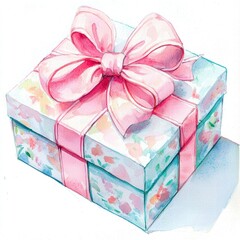 A beautifully wrapped gift box with a pink bow, featuring a floral design, perfect for special occasions and celebrations.