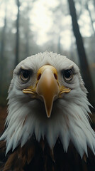 lose-up portrait of a bald eagle with piercing brown eyes, sharp beak, and detailed feathers, symbol of strength and freedom in the wild