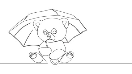 A cute bear cub sitting under an umbrella in the rain line art style