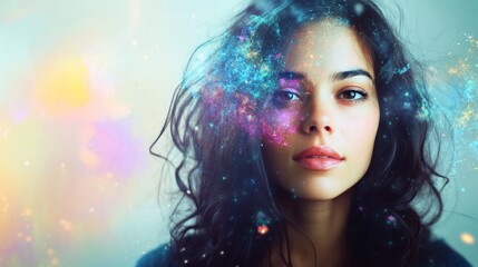Fototapeta premium beautiful fantasy abstract portrait of a beautiful woman double exposure with a colorful digital paint splash or space nebula