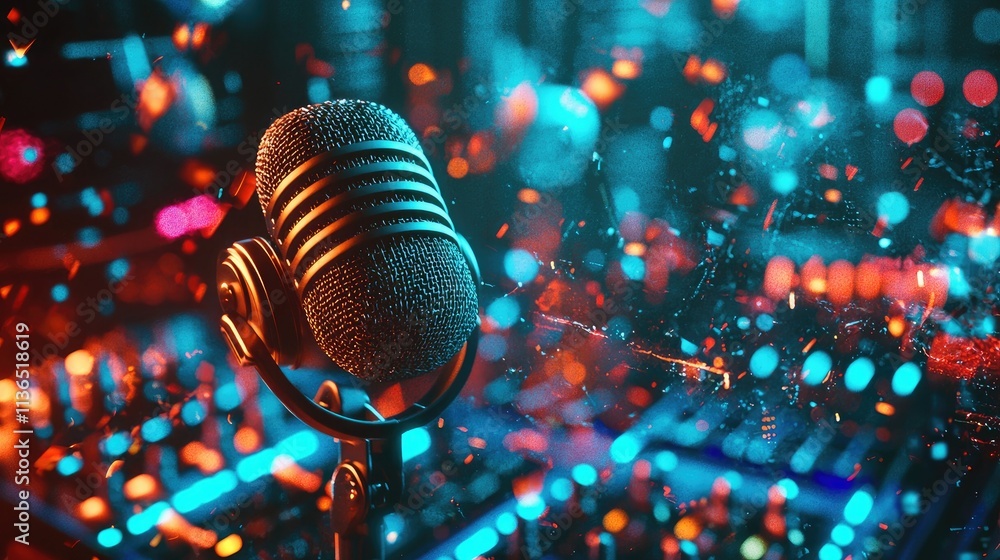 Poster artistic scene with icons of microphone, headphones, and sound waves on a background