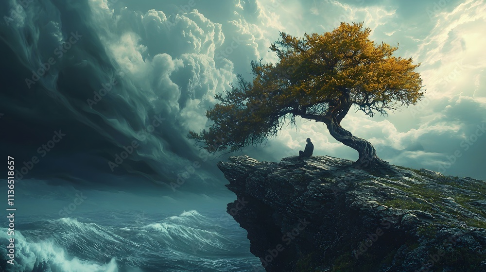 Poster A windswept tree on the edge of a cliff, with a figure sitting beneath it as storm clouds roll in, the scene illuminated by dramatic light breaks