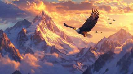 Bald eagle flying at sunrise, warm golden tones illuminating its wings and feathers for a dramatic wildlife scene