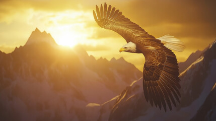 Bald eagle soaring above a crystal-clear river in the wilderness, wings fully extended, sunlight illuminating its feathers, symbolizing freedom, strength, and the majestic beauty of North American wil